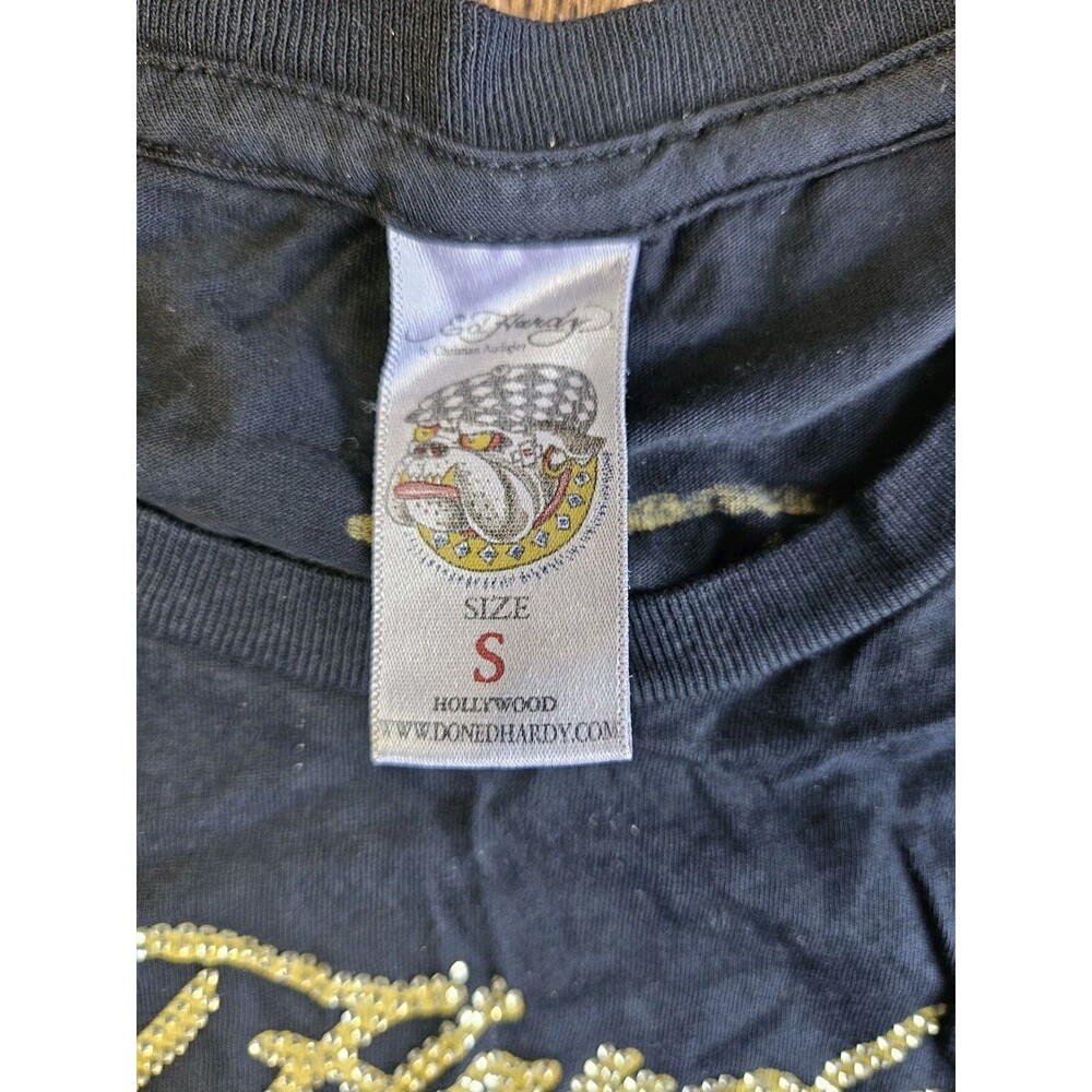 Vtg Y2K Ed Hardy Black Panther Roses Rhinestones Long Sleeve Top Size S - Picture 3 of 12